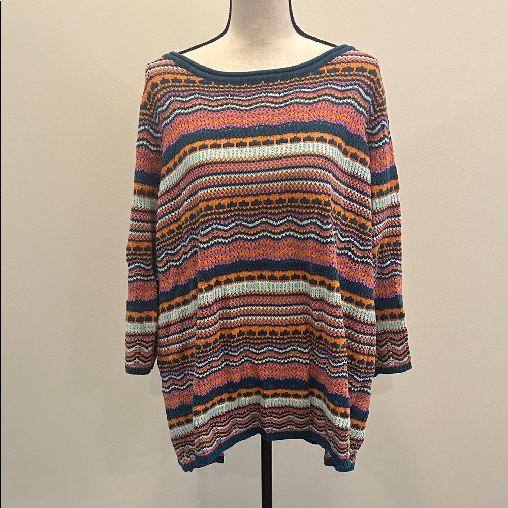 NWOT Denim&Co 3/4 Sleeve Mixed Stitch Striped Sweater - Peacock Combo